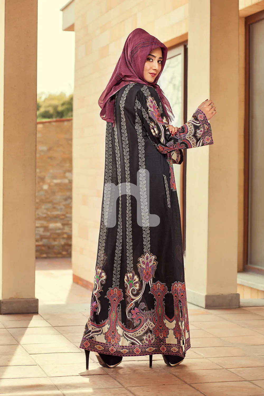 DE19-17 Black Printed Stitched Pima Cotton Fustaan - 1PC