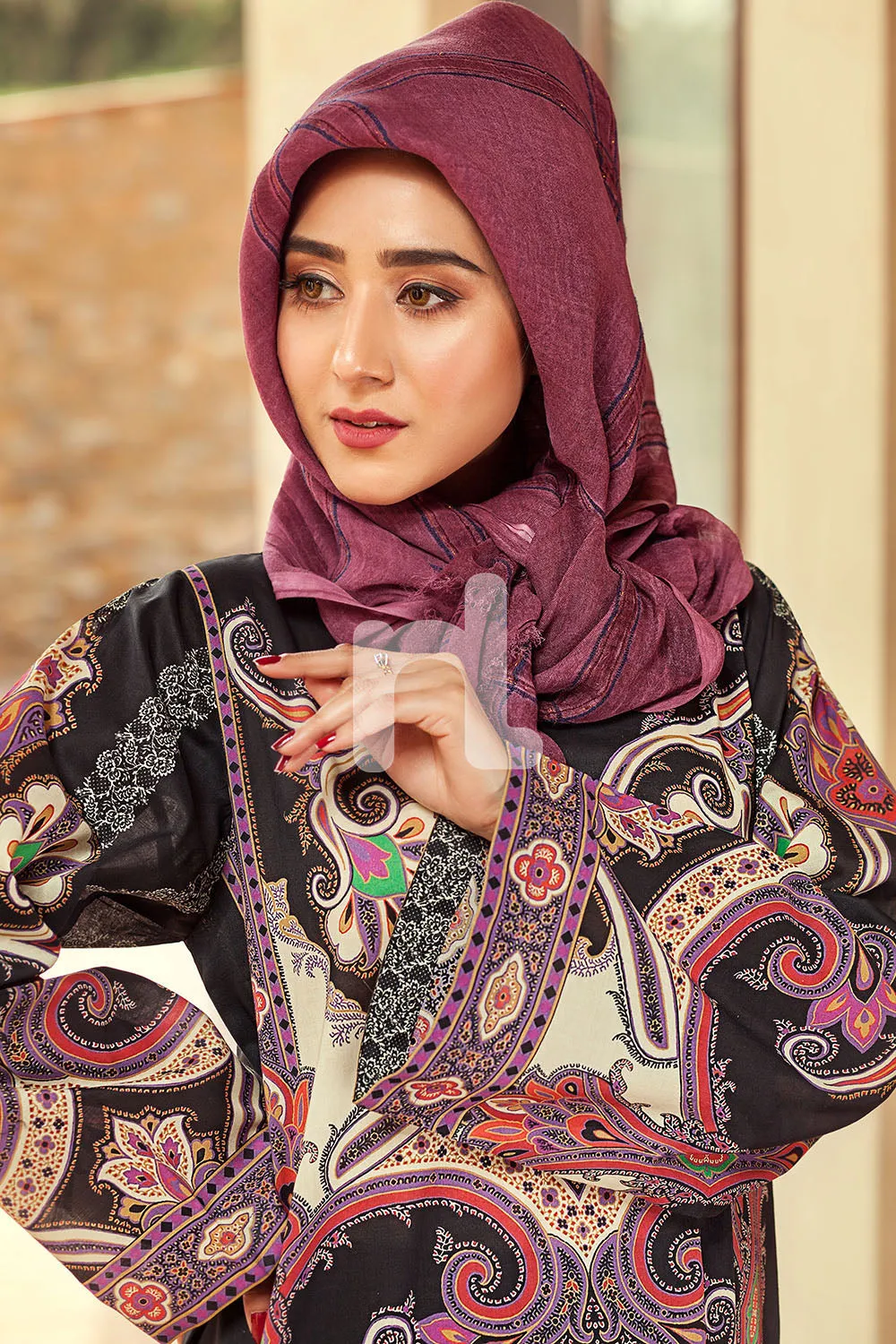 DE19-17 Black Printed Stitched Pima Cotton Fustaan - 1PC