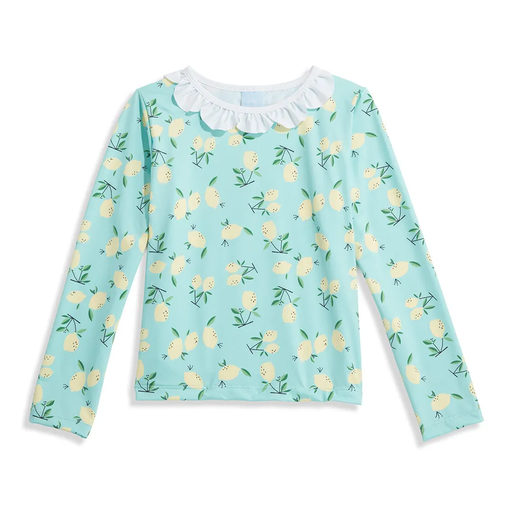 Girl's Ruffle Rash Guard -- Teal Lemons