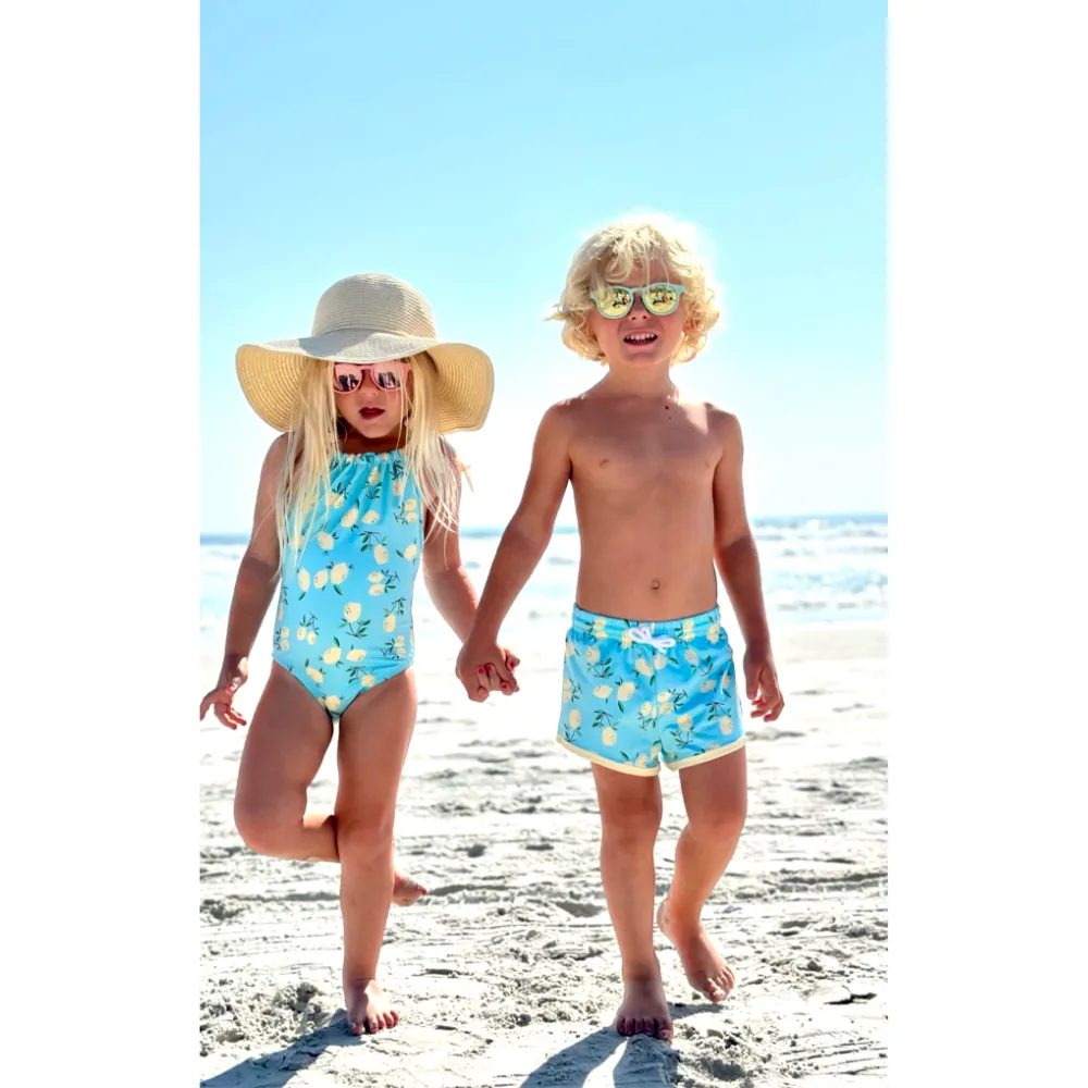 Printed Bayshore Swim Trunk -- Teal Lemons