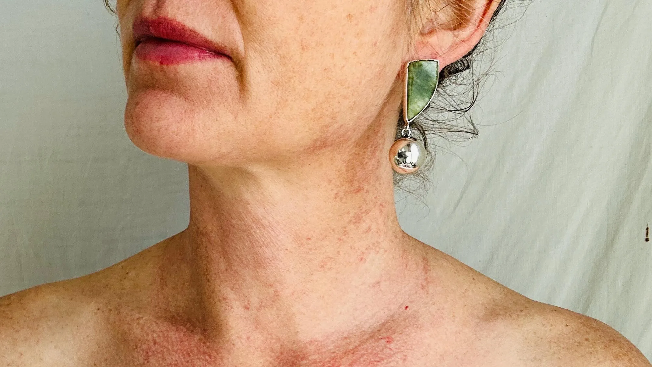 Serpentine and Silver Sphere Earrings. Handmade Designer Sterling Jewelry. 4195
