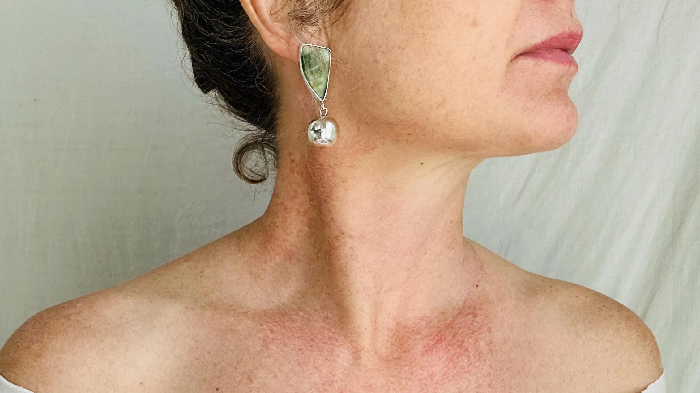 Serpentine and Silver Sphere Earrings. Handmade Designer Sterling Jewelry. 4195