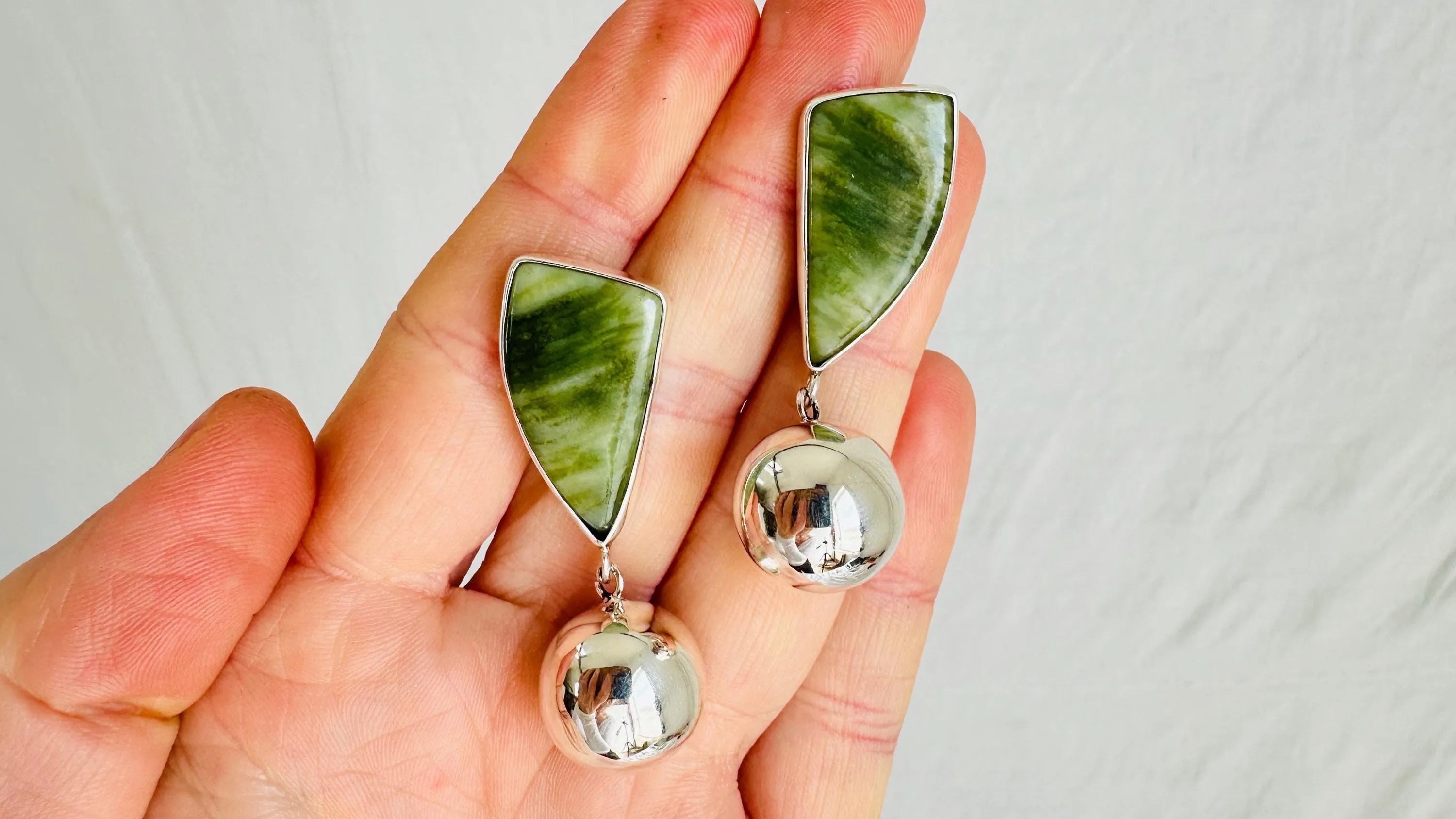 Serpentine and Silver Sphere Earrings. Handmade Designer Sterling Jewelry. 4195
